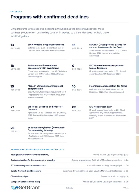 Calendar of programmes with confirmed deadlines