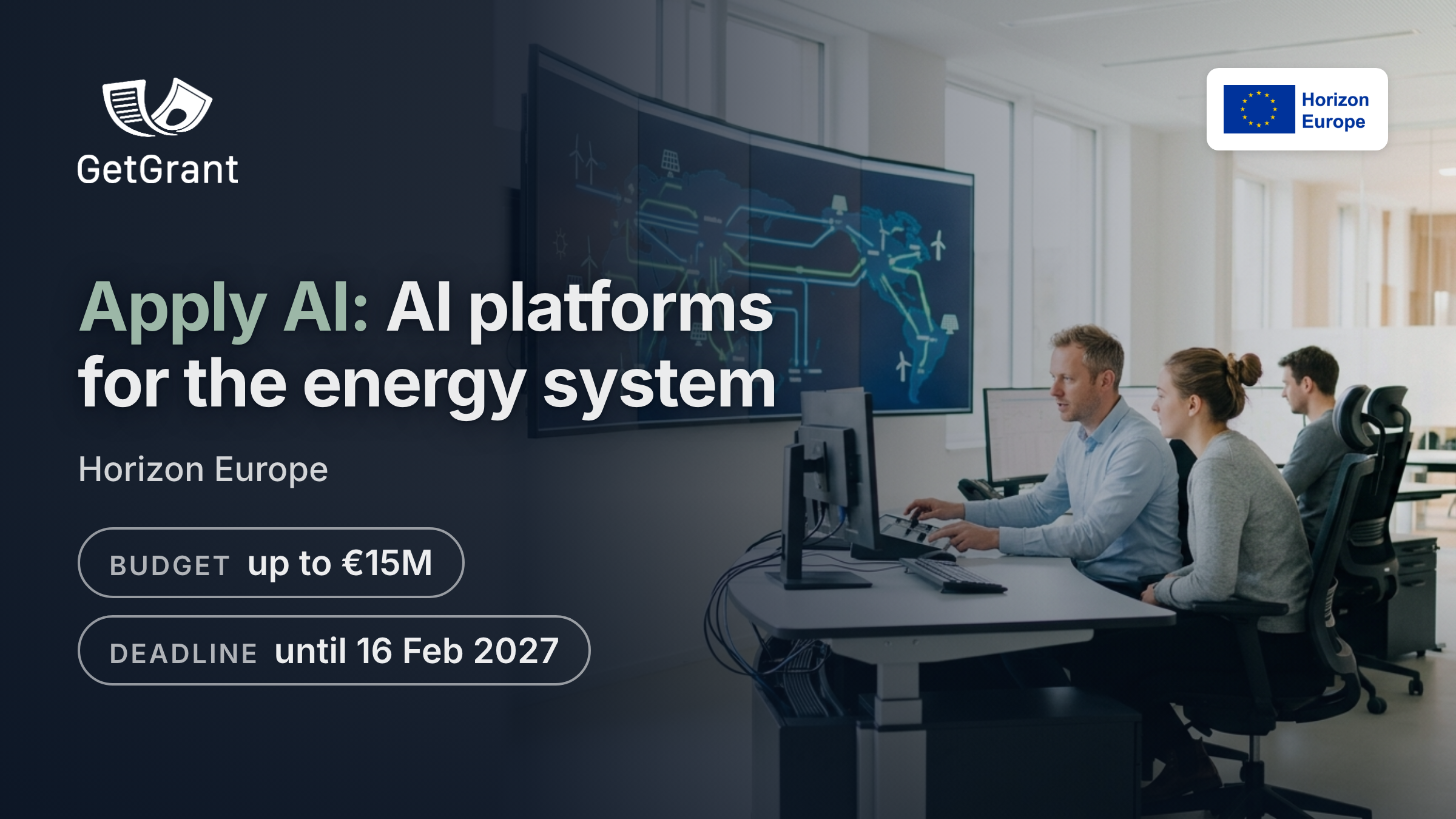 Horizon Europe Apply AI: EUR 15 million for a large-scale pilot of AI platforms for an affordable, secure and sustainable European energy system, deadline 16 February 2027