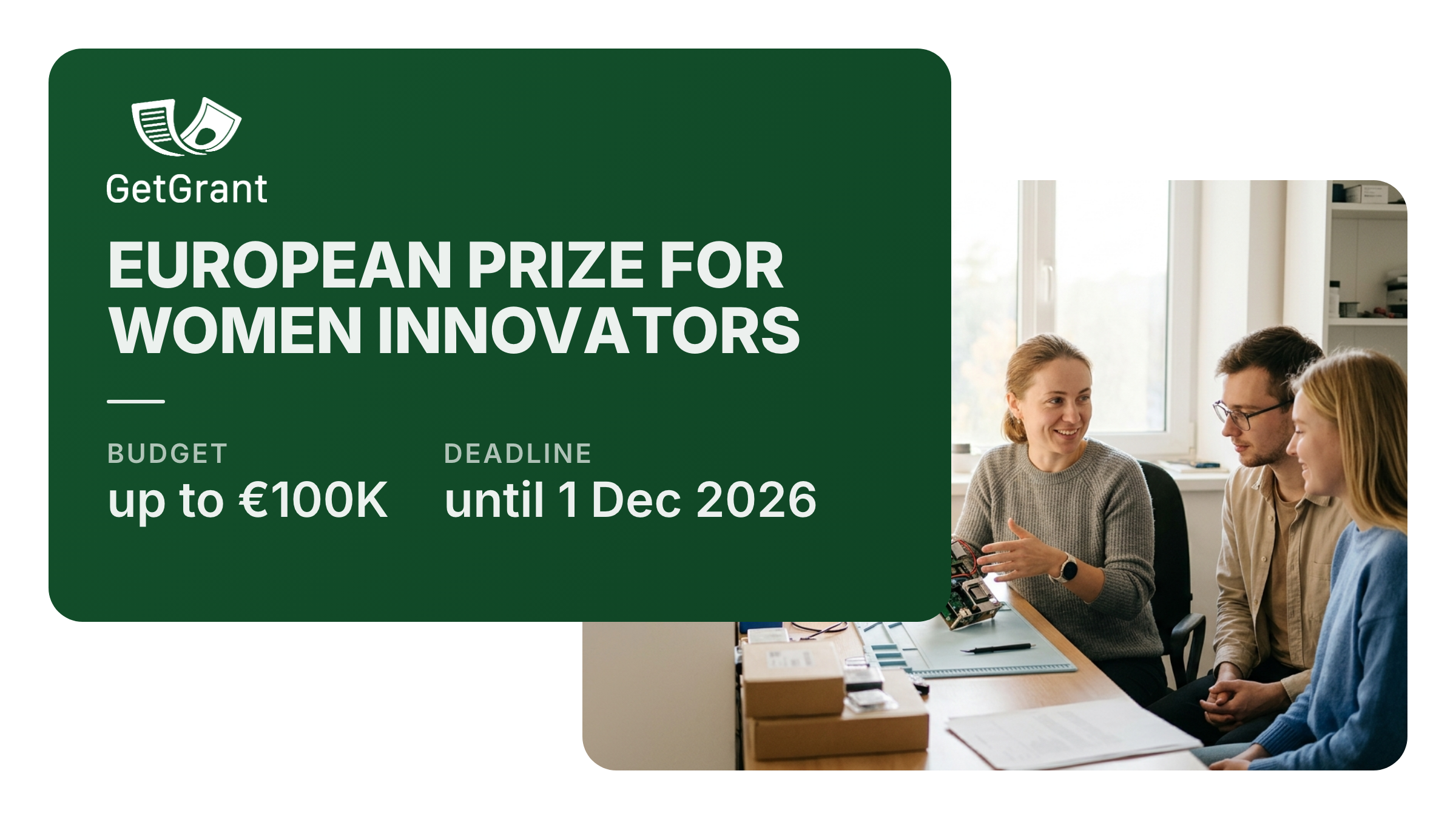 European Prize for Women Innovators 2027: up to €100,000 for women founders of innovative companies, up to €50,000 for those under 35, Ukraine eligible, apply by 1 December
