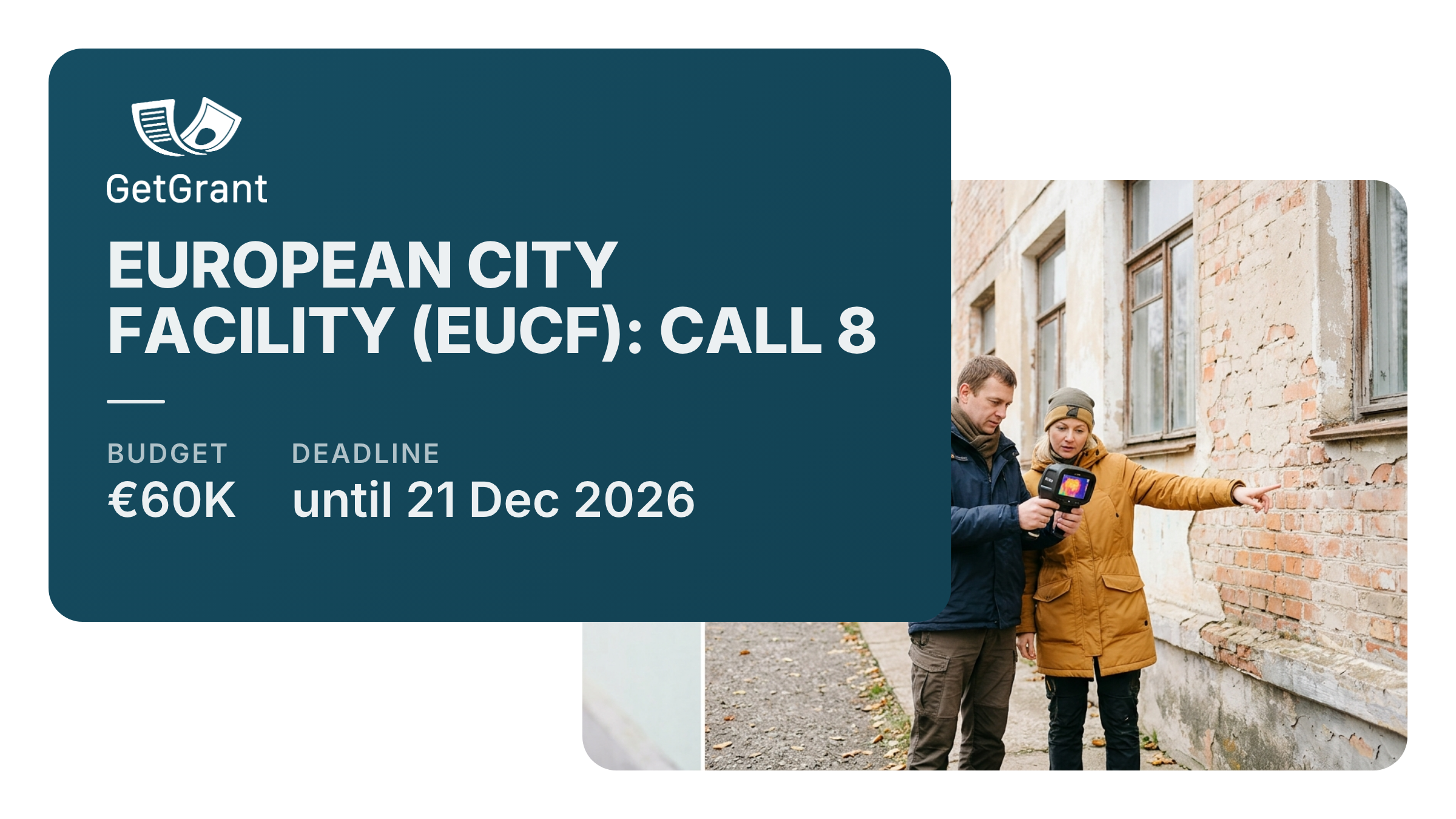 European City Facility, call 8: €60,000 for municipalities to develop an investment concept for energy efficiency and clean energy, Ukraine eligible, apply by 21 December