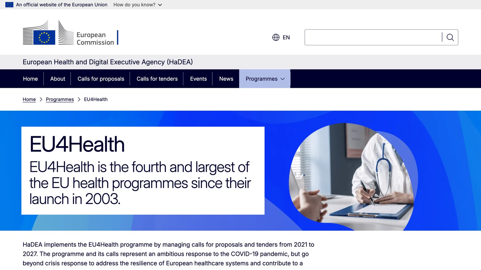 EU4Health programme page on the HaDEA agency website