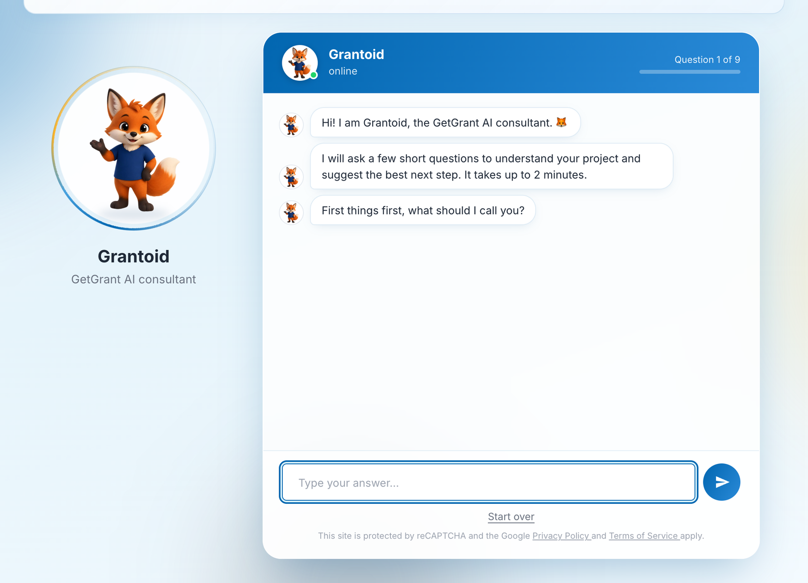 the AI diagnostics page of getgrant.ua: the Grantoid mascot and the dialogue window with the first question