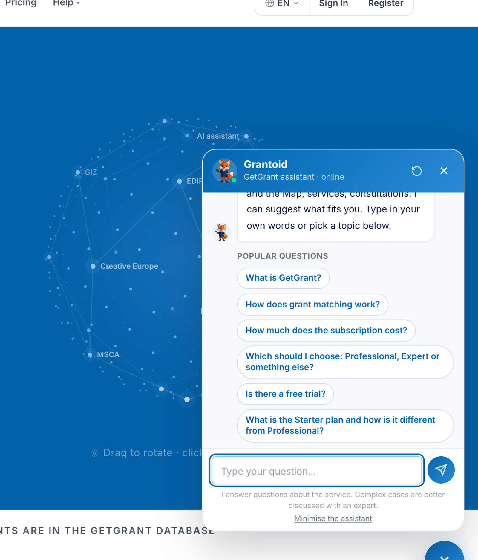 the getgrant.ua home page with the Grantoid chat window open and popular questions listed