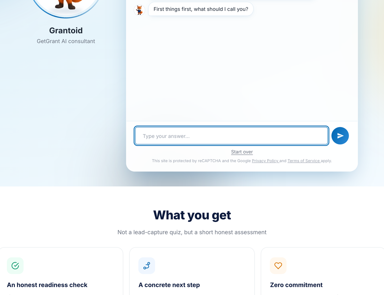 the AI diagnostics page in the context of the grant application preparation service, with the list of conversation topics