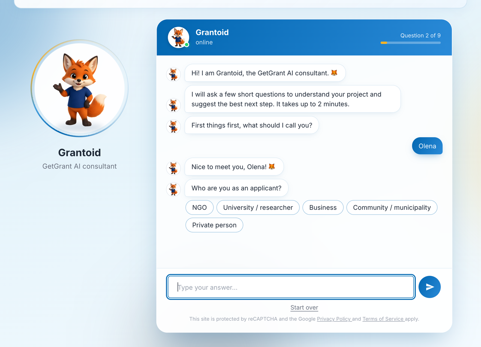 dialogue with Grantoid: the question about applicant type with option buttons