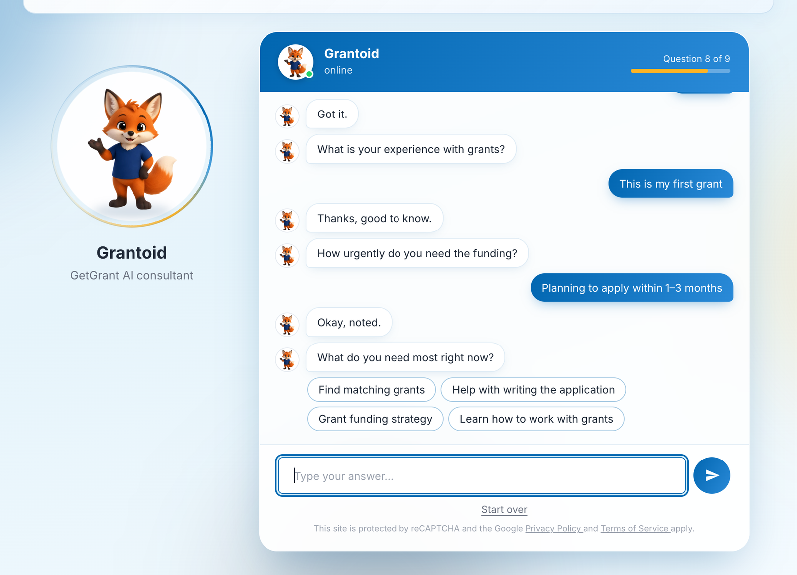 dialogue with Grantoid at question eight of nine: the progress bar and buttons with the options for the main need