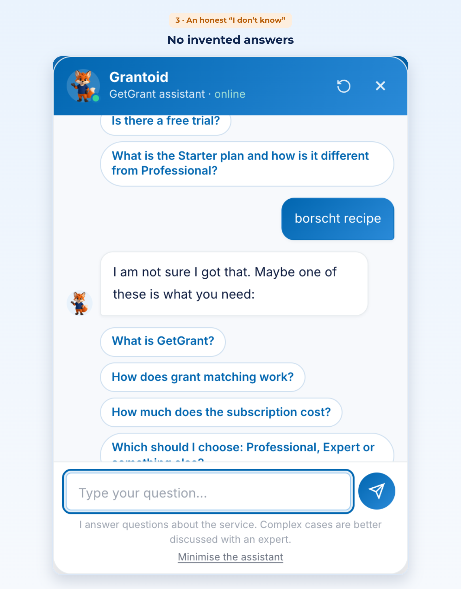 the Grantoid chat: an honest refusal to an off-topic request