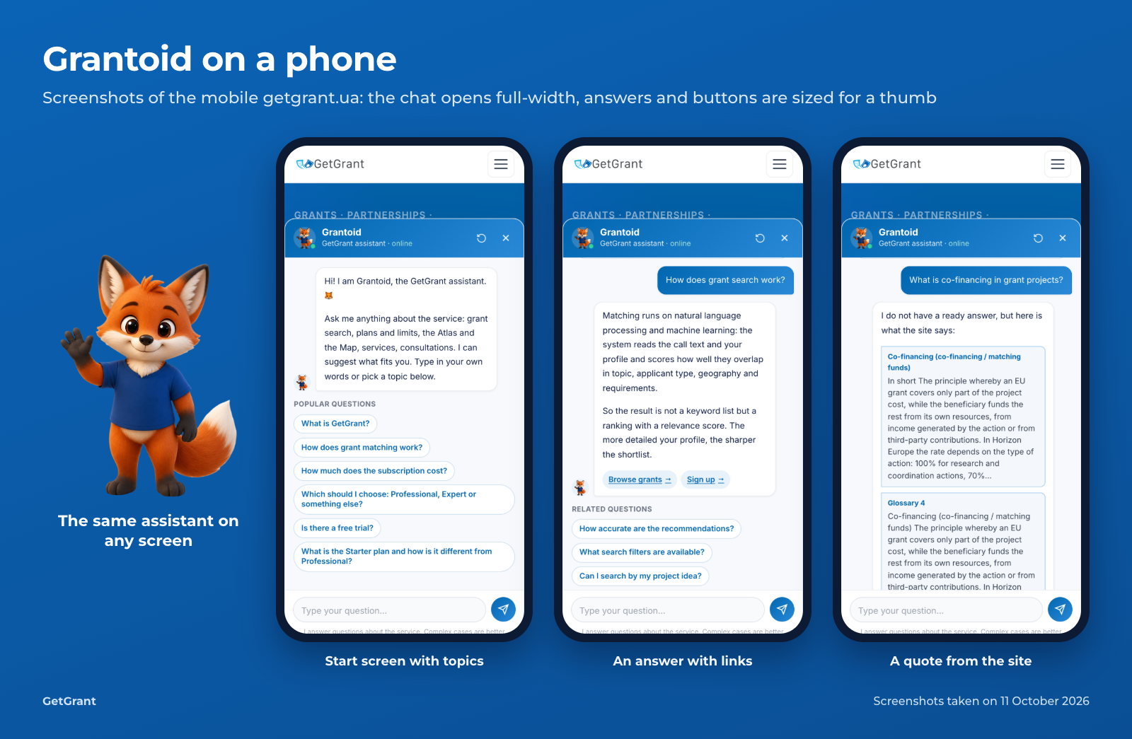 three screenshots of the mobile getgrant.ua: the chat start screen, a Grantoid answer and a quote from the site