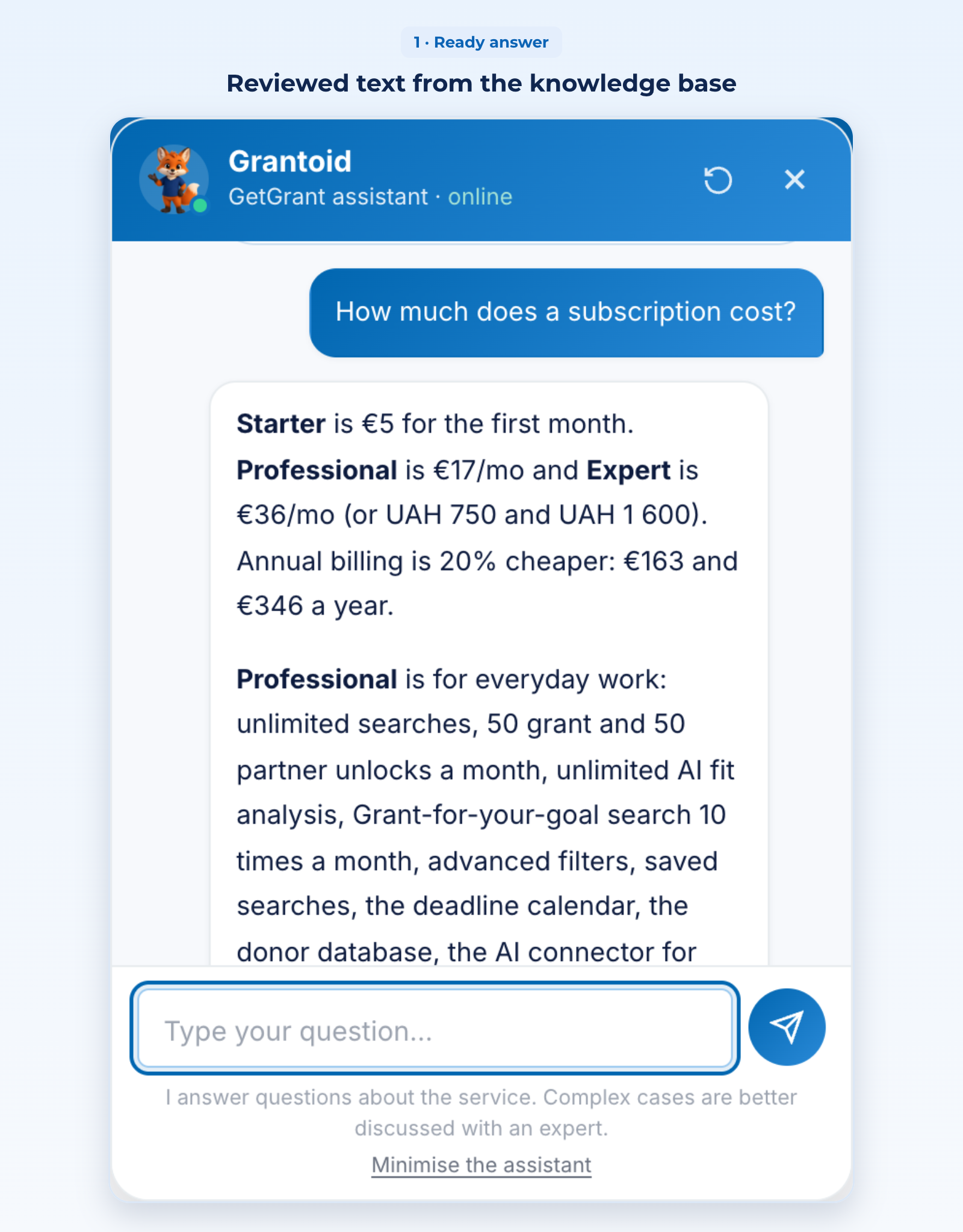 the Grantoid chat: a ready answer to a question about the subscription price