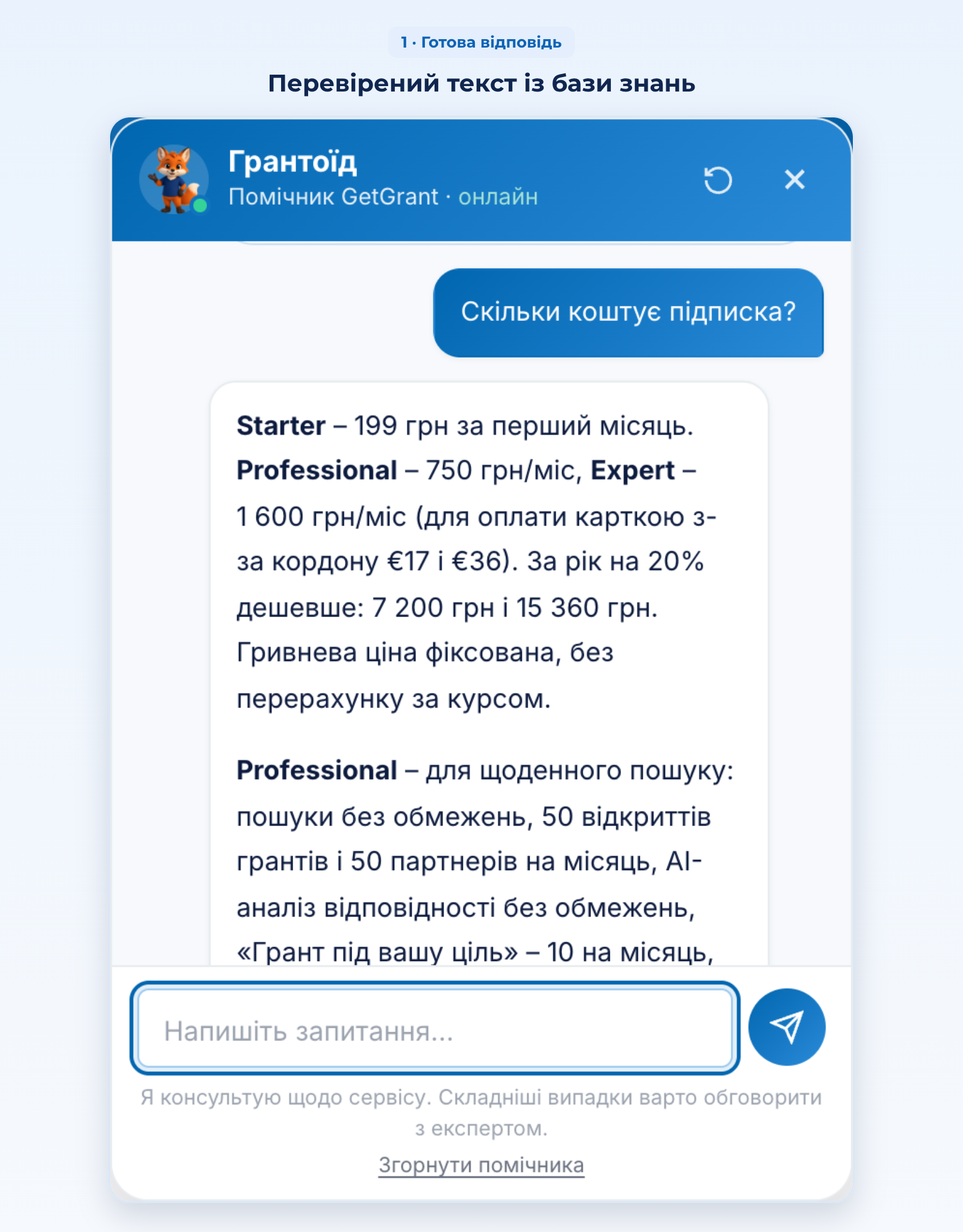 чат Грантоїда: готова відповідь на запитання про вартість підписки