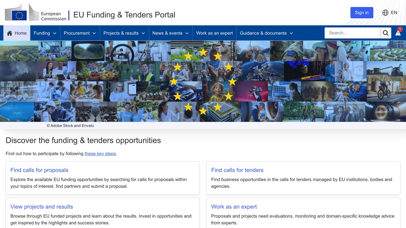 Головна сторінка порталу EU Funding & Tenders