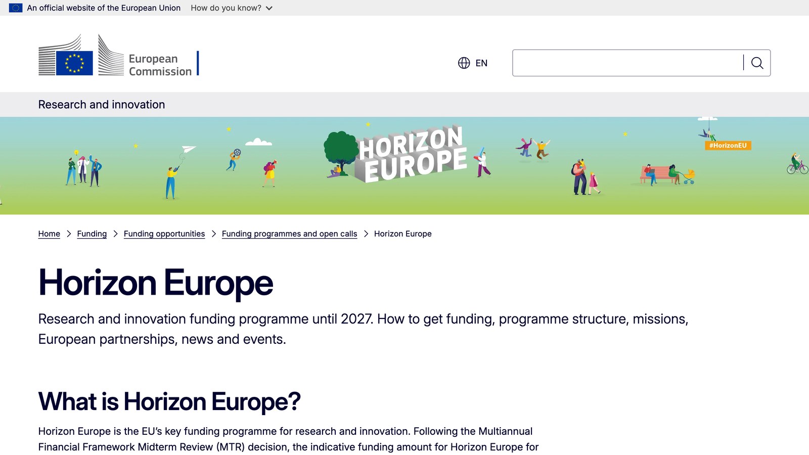 Сторінка програми Horizon Europe на сайті Європейської комісії